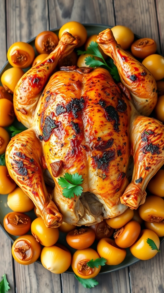 Roasted chicken with 40 cloves of garlic, garnished with parsley, on a wooden table.